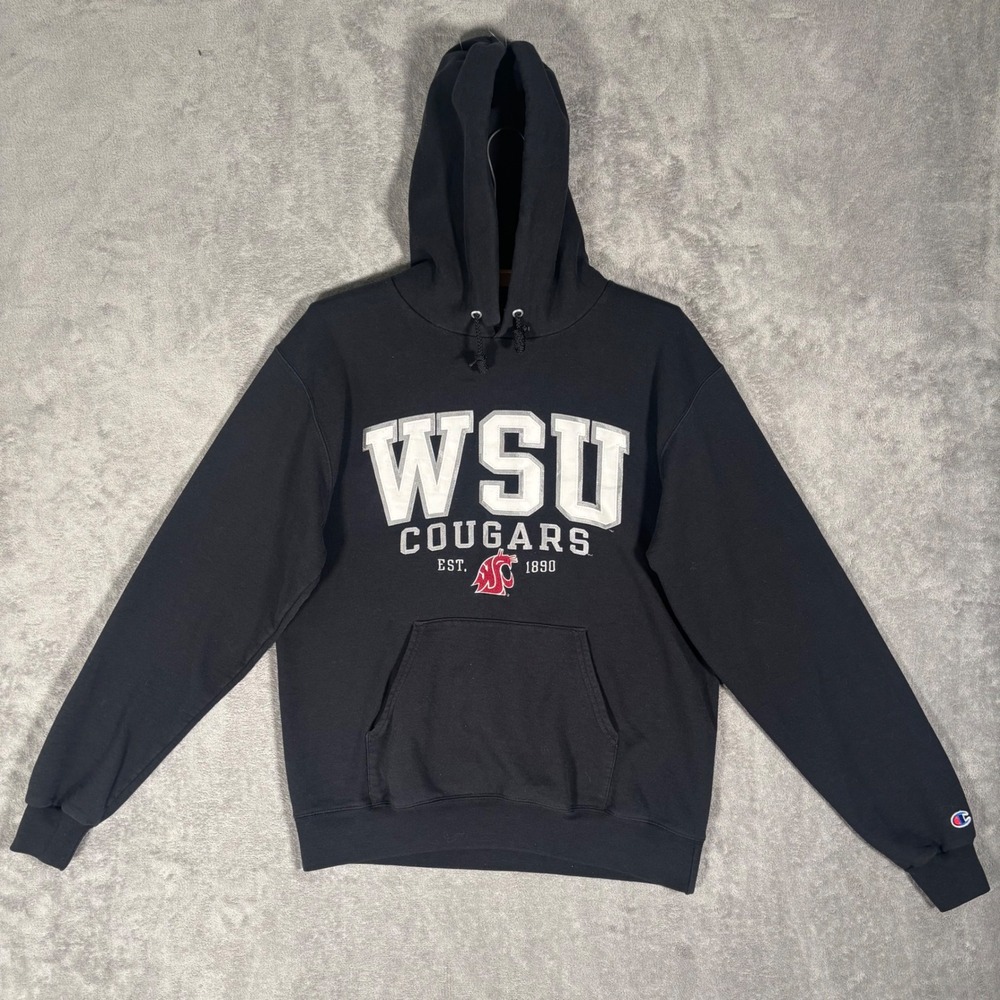 Champion WSU Cougars Pullover Hoodie Sweatshirt Men's‎ Size M Black Eco Fleece